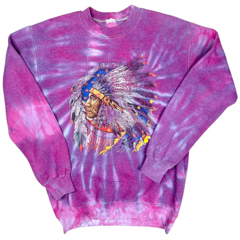 Vintage Native American Warrior Print Sweater Size Medium Tie Dye Pink Purple